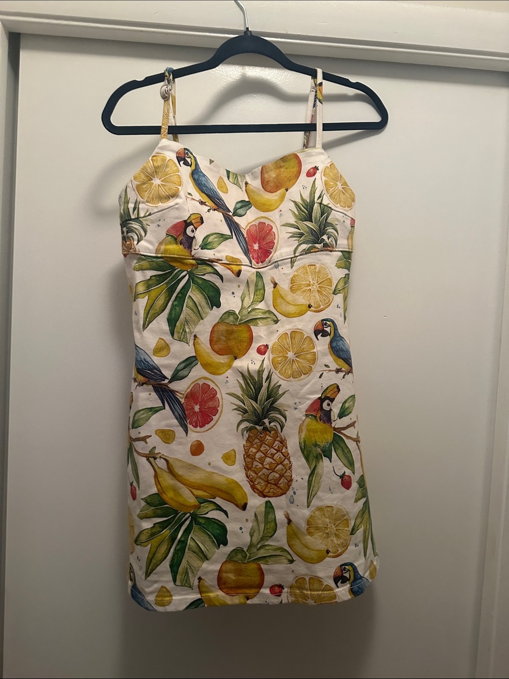 Tropical Parrot Print Pet Bird mini dress size Large- White, Yellow, Green, Blue